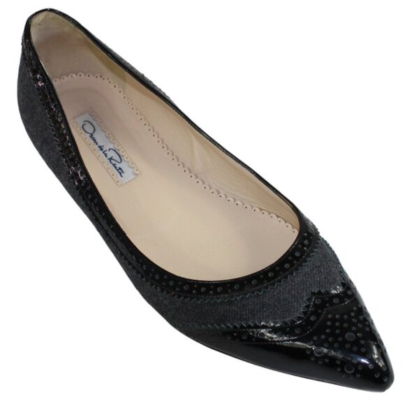 Oscar De La Renta Charcoal Tweed Black Patent Leather Detail Ballet Flats - Picture 2 of 9